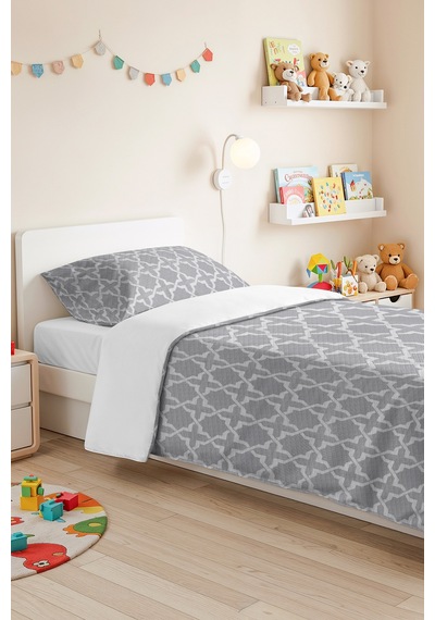 Gri Geometrik Tek Kişilik Dekoratif Pike Takımı - Beyaz İskandinav Motifli 160x220 Cm Yatak Örtüsü Kırçıllı Nehir Kabuğu