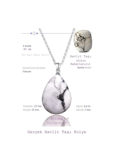 Erilsa Sertifikalı Damla Model Havlit Taşı Kolye Gümüş Aparatlı Çok Renkli