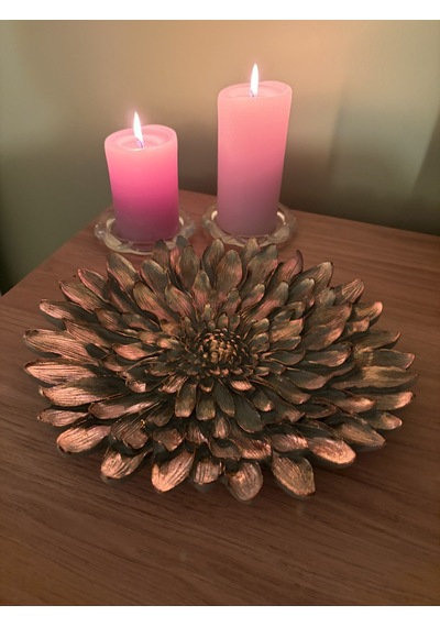 Dekoratif Çiçek Tabak / Sunumluk Haki & Altın Yaldız Eskitme 28 Cm
