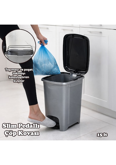 Porsima 0123 Pedallı Metalize Banyo Mutfak Çöp Kovası Siyah Kapaklı Slim Pedallı Çöp Kovası 15 Litre Siyah