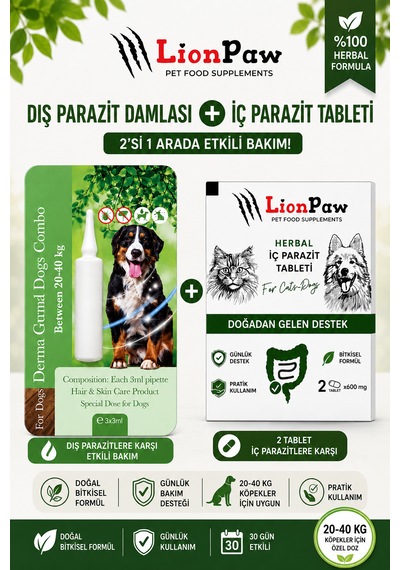 2'li Set 20-40 Kg Köpekler Için Bitkisel Iç Tablet Dış Ense Bitkisel Damla Seti - 1 Damla 2 Tablet