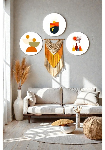 Boho 3 Parça Dekoratif Ahşap Mdf Tablo Modeli, Ev, Oturma Odası, Yatak Odası, Ofis Şık Tablo Seti