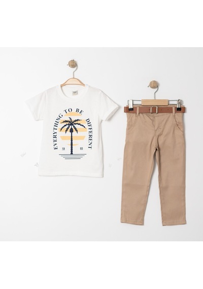 Mnk Baby & Kids Palmiye Baskılı Tişört , Gömlek Ve Pantolon Takım Mnk4136 Hardal