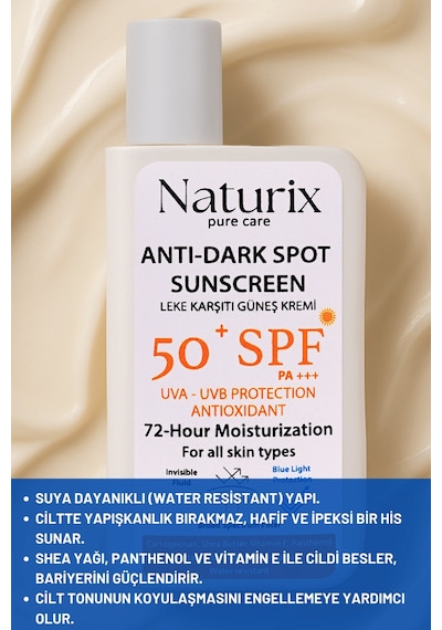 Leke Karşıtı Güneş Kremi Spf 50+ Pa+++ Uva-uvb Koruma 72 Saat Nemlendirme Water Resistant - 50ml