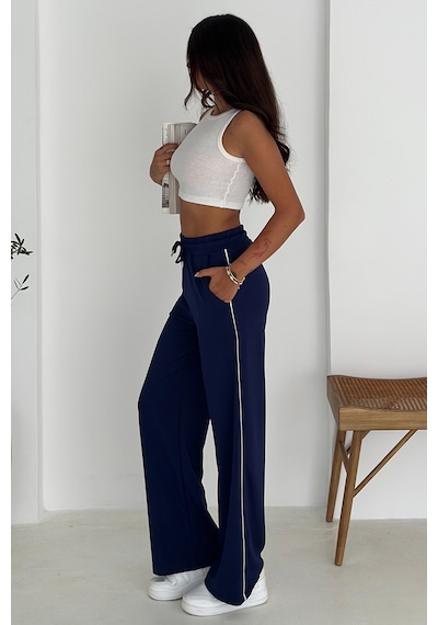 Noa & Noa Kadın Lastikli Bel Bağcıklı Bol Paça Pantolon Rahat & Minimal Stil Lacivert