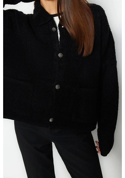 Ersefa Kadın Modern Tarz Oversize Polo Yaka Regular Triko Hırka Siyah
