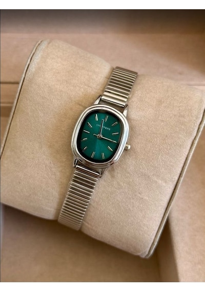 Gümüş Renk Kaplama Çelik Kordonlu Şık Vıp Model Oval Yeşil Kadranlı Kadın Saati Vintage Şıklık Gümüş