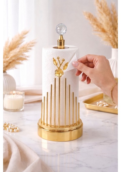 Gold Metal Kaplamalı Çiçek Model Lüks Havlu Peçetelik Mutfak Servislik Çeyizlik Sofra Organizeri Zen Altın