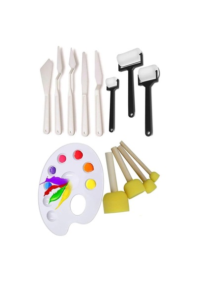 Artlantis Palet Rulo Fırça Ponpon Fırça Ve Plastik Spatula 4'lü Set 1 Paket Resim Hobi Sanat Etkinlik Resim Paleti