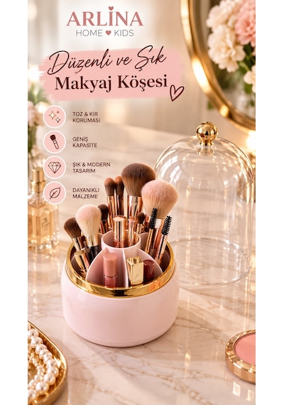 7 Bölmeli Kapaklı Pembe Makyaj Fırçası Ve Kozmetik Organizeri