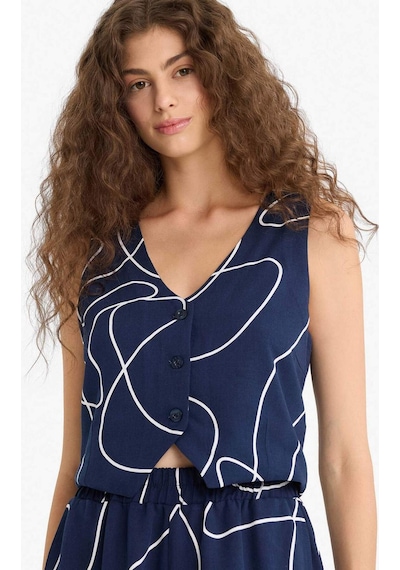 DeFacto V Yaka Desenli V Yaka Keten Karışımlı Blazer Yelek F3492AX25SMNV207
