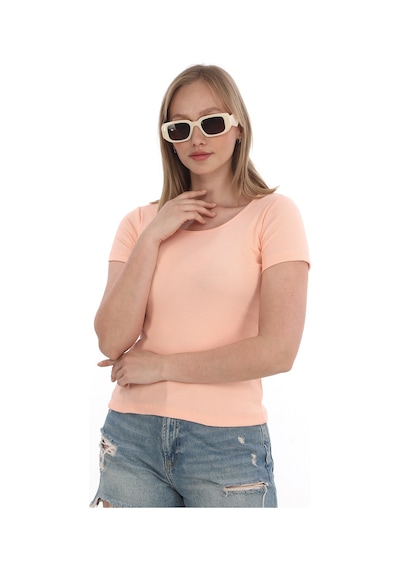 Monox Kadın Fitilli Likralı Pamuk Basic Tshirt Somon