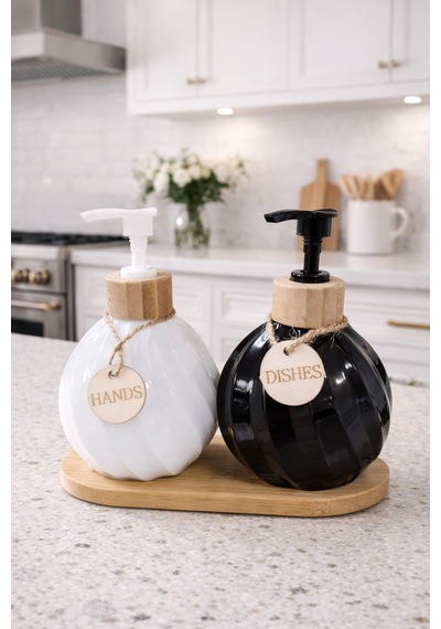 Makri Home 2'li Sıvı Sabunluk & Deterjanlık Seti, Bambu Stantlı, Stant 17,5x8,5 Cm, Şişe 400 Ml 15x10 Cm Beyaz - Siyah