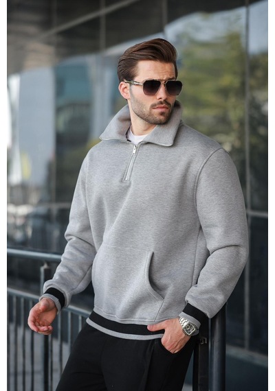 Madmext Grimelanj Fermuarlı Dik Yaka Kanguru Cep Erkek Sweatshirt E7159 Grimelanj