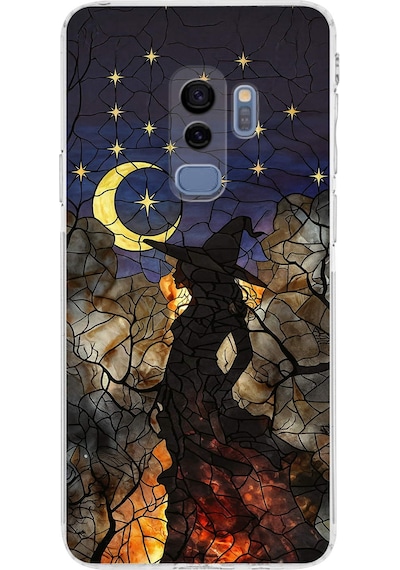Printify Samsung Galaxy S9 Plus İle Uyumlu Vitray Cadı Saati Tasarımlı Şeffaf Silikon Kılıf Şeffaf