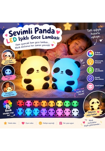 Sevimli Panda Tasarımlı Led Gece Lambası Yumuşak Puf Çocuk Odası Dekoratif 16 Renk Fonksiyonlu Beyaz - Beyaz