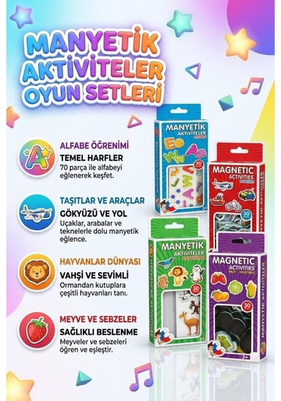 4'lü Magnet Oyun Seti 30 Parça Taşıtlar Meyveler Hayvanlar Ve 70 Parça Alfabe Oyun Seti