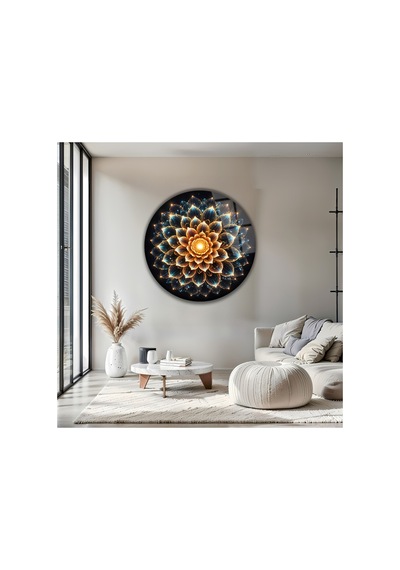 Modern Işıltılı Mandala Desenli Çiçekli Yuvarlak Dekoratif Cam Tablo Lüks Duvar Sanatı Çiçek Temalı Dekoratif Duvar Tablosu, Salon Ve Yatak Odası Dekoru, 100x100 Cm