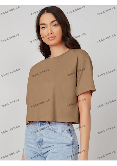 Flood Of Style Crop Ckod-232913 Pamuk Damla Omuz Düz Kısa Kahverengi