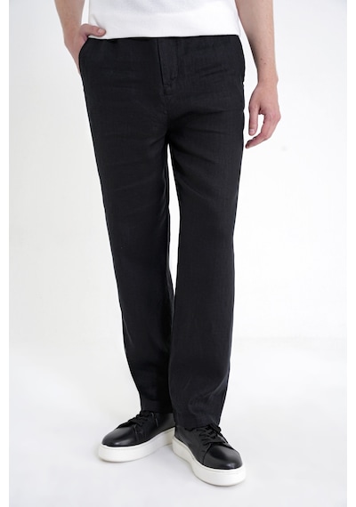 Oversize Kalıp Yan Cep Beli Lastikli Siyah Keten Pantolon P 1216
