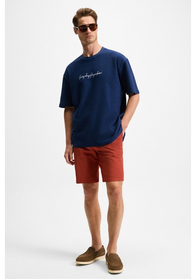Grımelange OURFLOW Erkek Nakış Detaylı %100 Organik Pamuk Bisiklet Yaka Kısa Kollu Oversize Lacivert T-Shirt