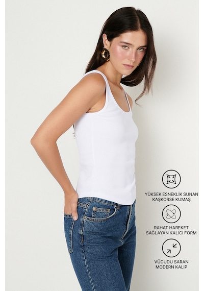 AC&Co / Altınyıldız Classics Kadın Beyaz Pamuklu Kaşkorse Yumuşak Dokulu Slim Fit Dar Kesim Bisiklet Yaka Esnek Body