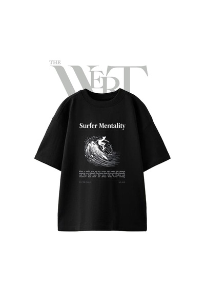 Thewert Surfer Wave 1 Tasarım Baskılı Ünisex Siyah Oversize T-shirt