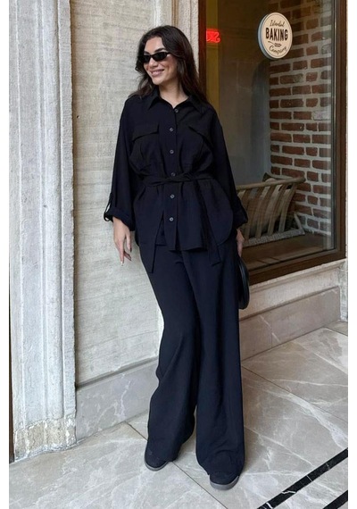 Seeh Siyah Uzun Kollu Oversize Kadın Takım Sh338 Standart