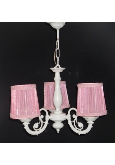 3 Lü Pembe Başlıklı Beyaz Ahşap Gövdeli Çocuk Odası Salon Avizesi