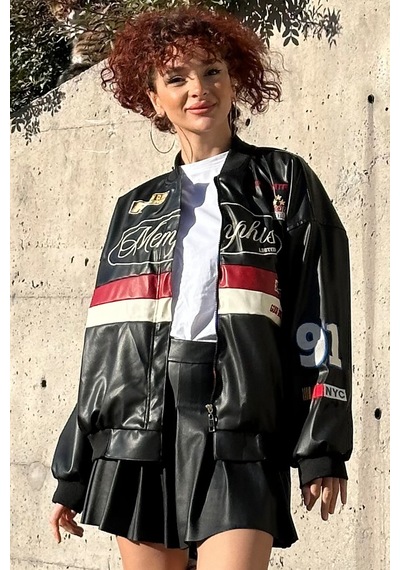 Bigdart 0698 Baskılı Suni Deri Bomber Ceket - Siyah 001