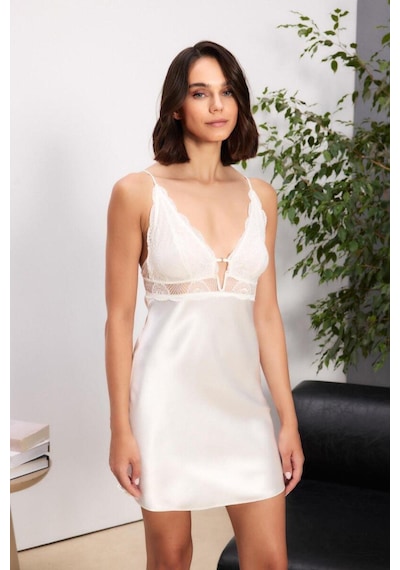 Pierre Cardin 6035 Kadın Saten Gecelik Sabahlık Pijama Takım Şort Takım 6'lı Gelin Çeyiz Set ekru