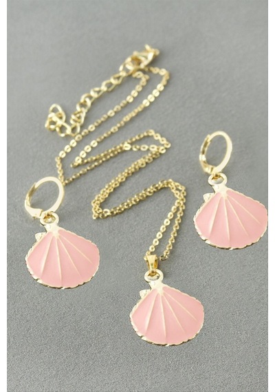 İstiridye - 198 - Mineli Kutulu Kolye Set - - Aconcept - Açık Pembe