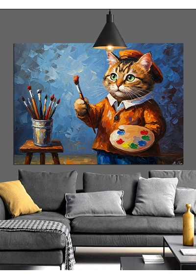 Ressam Kedi Fırça Tutuyor Dekoratif Kanvas - Mdf Ahşap Tablo