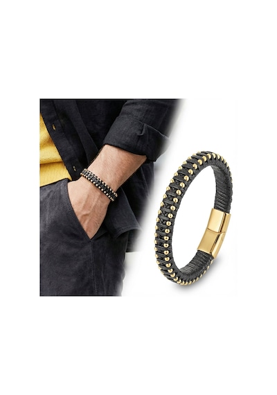 Premium Siyah Deri Ve Sarı Damla Çelik Zincirli Bileklik 31834b1d2-4 - 20 Cm Altın - Siyah