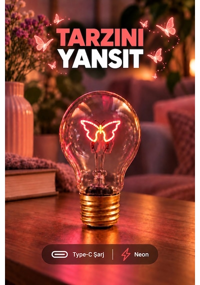 Kelebek Neon Dekoratif Masa Lambası Ampul Şeklinde Yeni Nesil Aydınlatma Pembe Kelebek Çok Renkli