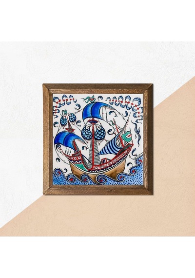Pinecone Çini Sanatı Yelkenli Gemi Taş Duvar Tablosu - Ahşap Çerçeveli Taş Tablo - 25x25 Cm - Dekoratif Duvar Sanatı - Modern Ev Ve Ofis Duvar Dekoru W1-183