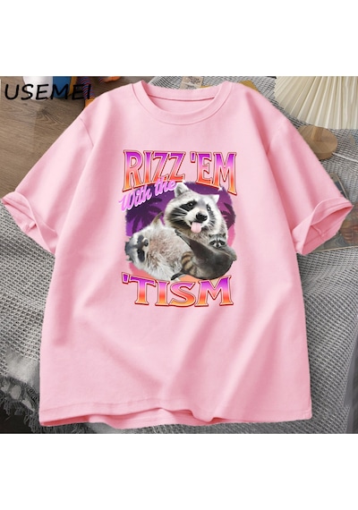 Flood Of Style Rizz Em Tism İle Retro Tişört Adam Komik Rakun Grafik T-shirt Unisex Opossum T Shirt Kadın Er Pembe