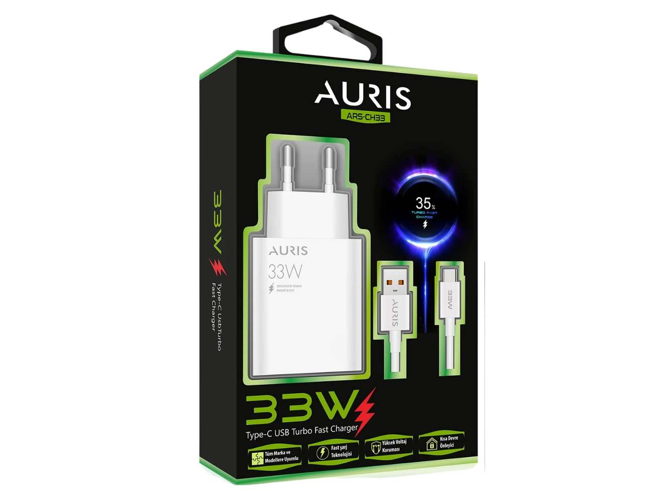 Auris Ars-ch33 33 W Usb To Type C Kablolu Turbo Hızlı Şarj Aleti Başlık+Koblo Set Halinde