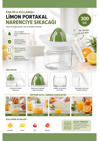 Cam Hazneli Pratik Narenciye Sıkacağı, Limon Portakal Greyfurt Sıkacağı 300 Ml Şeffaf