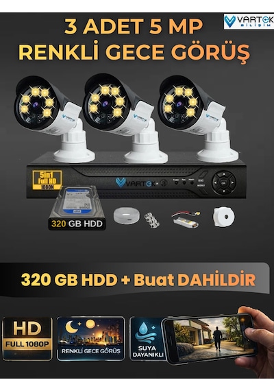 3 Kameralı Set 320 Gb Hdd Full Hd Gece Görüşlü Güvenlik Kamerası Sistemi-sabit İp Gerektirmez-
