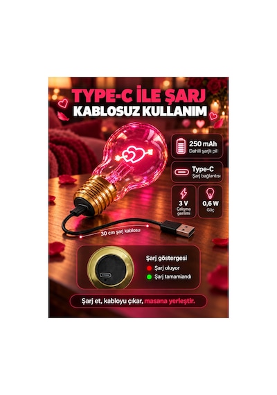 Oklu Kalp Şeklinde Neon Dekoratif Masa Lambası Ampul Şeklinde Yeni Nesil Aydınlatma Çok Renkli