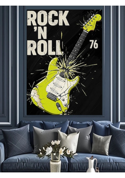 Ahşap Tablo Neon Yeşil Elektrogitar Rock'n Roll Afişi