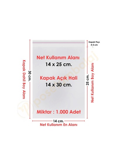 14x25+5 Cm. 14x30 1.000 Adet Şeffaf Bantlı Yapışkanlı Opp Poşet