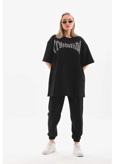 Soonaksesuar Unisex Taş Desenli Oversize T-shirt - Beyaz SIYAH
