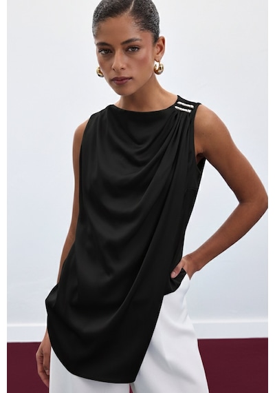 Sateen Aksesuar Detaylı Kolsuz Bluz - Siyah-136916 Siyah