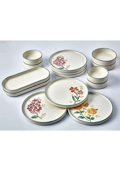 Kitchen Life 14 Parça 6 Kişilik Flowers Stackable Kahvaltı Takımı -  Lüx Kahvaltılık Sunum Seti Tabağı Beyaz