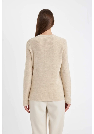 Defacto Regular Fit Bisiklet Yaka Simli Kumaş Kazak Tunik D0405AX24WNER105 Ekru