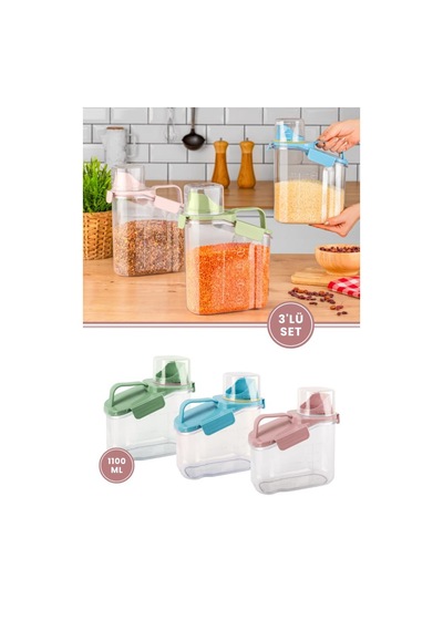 Flora Çok Fonksiyonlu Contalı Sızdırmaz Un Bakliyat Deterjan Saklama Kabı 1100 ML 3'lü Set