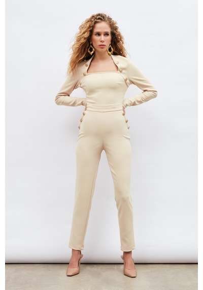 Sateen Düğme Detaylı Pantolon - Bej