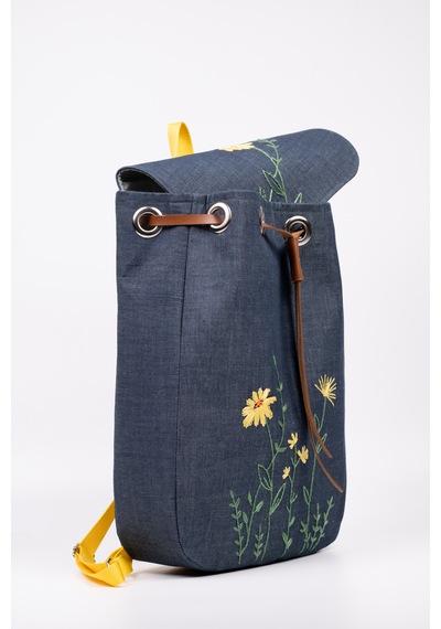 Fabric Craft Bag Sırt Çantası Kot Kumaş Çiçek Nakışlı Büzgülü Kot